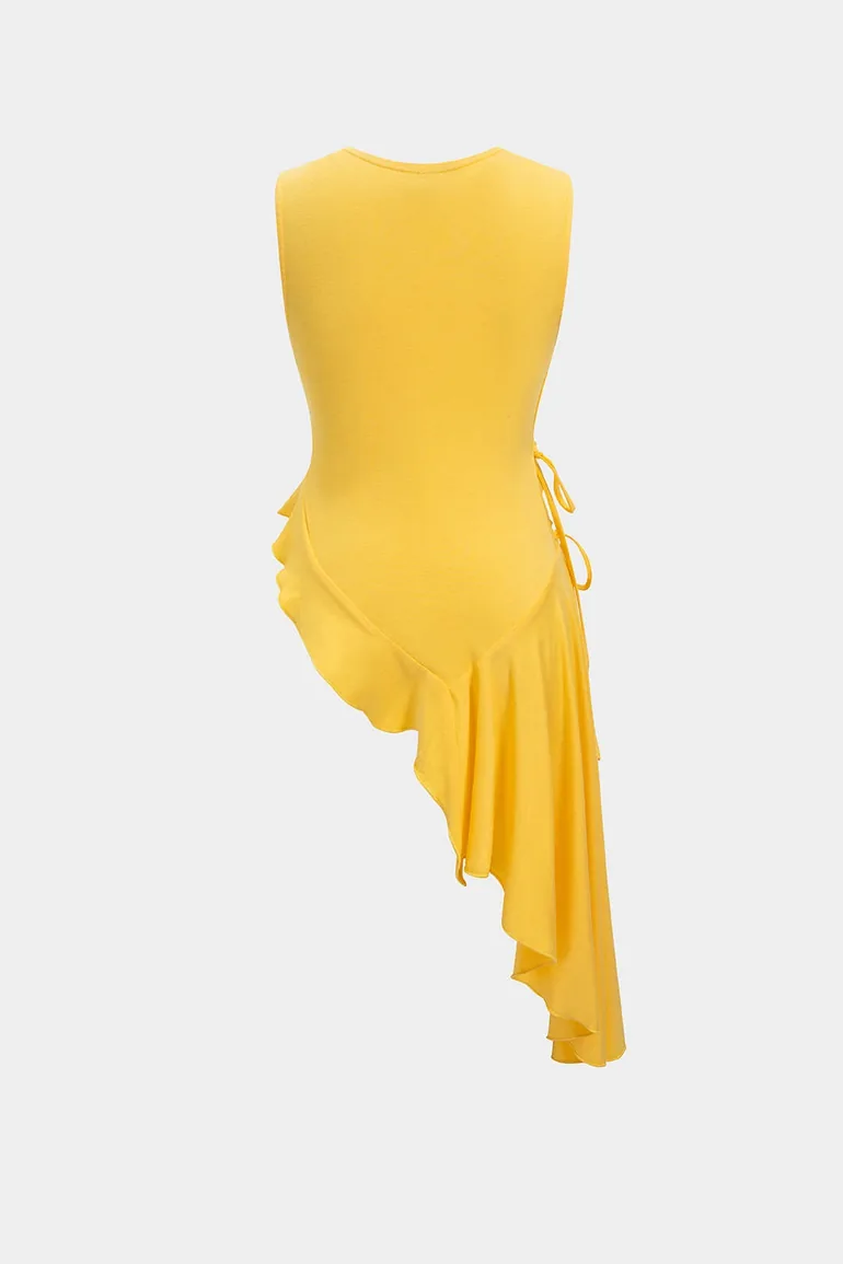 Round Neck Asymmetrical Hem Drawstring Ruched Tank Top - 1