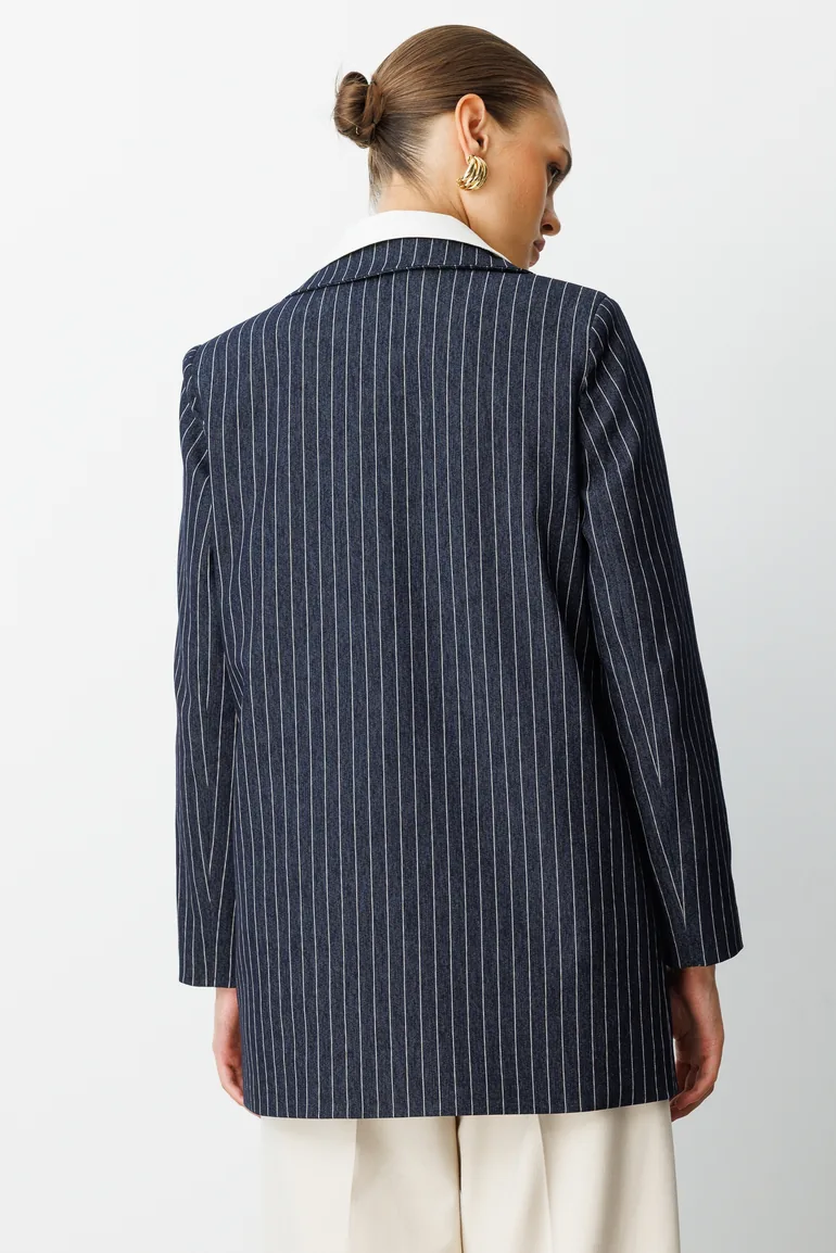 Mizalle Oversize Striped Special Design Double Breasted Jacket - 5
