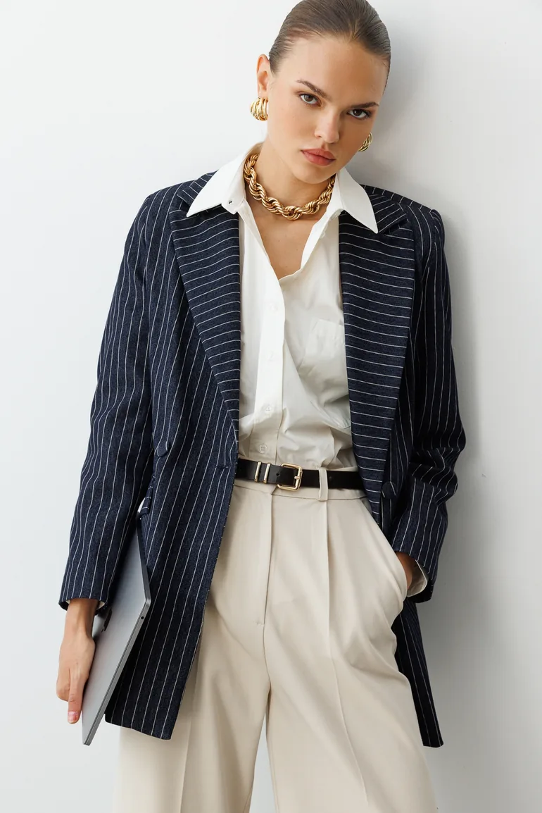Mizalle Oversize Striped Special Design Double Breasted Jacket - 2