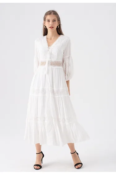 Sunflower Embroidered Lace-Up Front White Maxi Dress