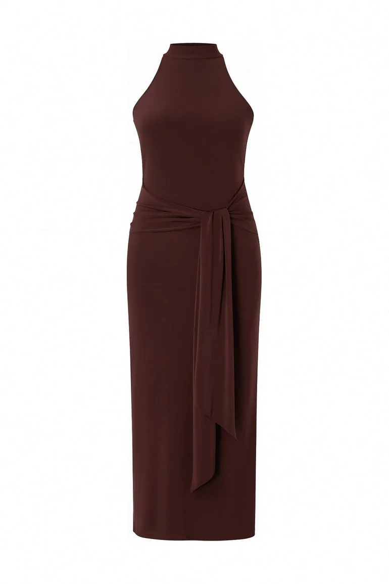 Brown Belt Detailed Halter Neck Bodycon Stretchy Maxi Knitted Plus Size Dress - 3