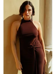 Brown Belt Detailed Halter Neck Bodycon Stretchy Maxi Knitted Plus Size Dress - 6