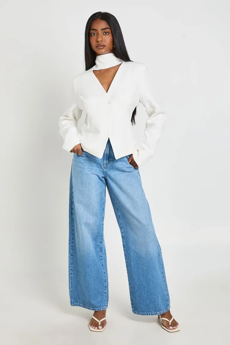 Plunge Scarf Detail Fitted Blazer - white