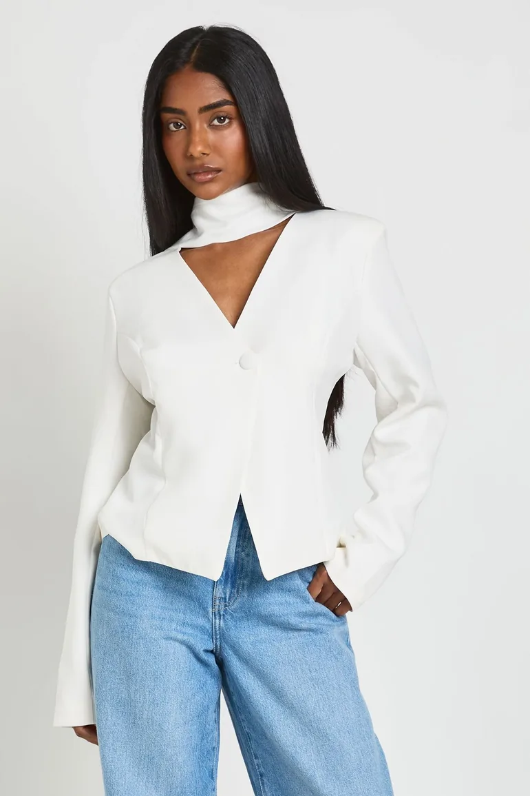 Plunge Scarf Detail Fitted Blazer - white - 1
