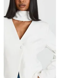Plunge Scarf Detail Fitted Blazer - white - 3
