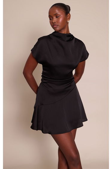 Black Satin Cap Sleeve Mini Dress