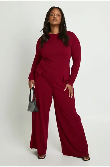Plus Jersey Crepe Slash Neck Long Sleeve Jumpsuit - burgundy