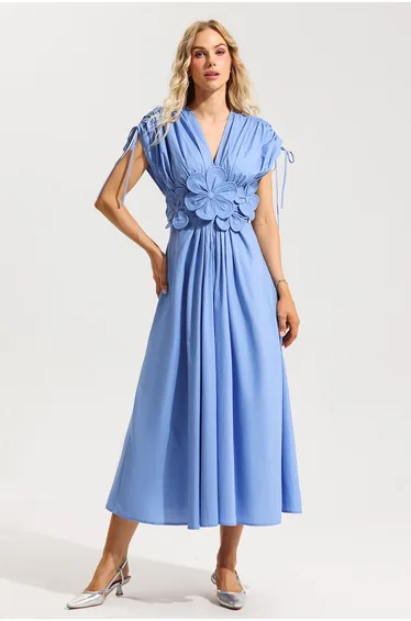 3D Floral V-Neck Lace Up  Dress
