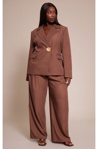 Plus Chocolate Tailored Woven Wide Leg Pin Tuck Trouser