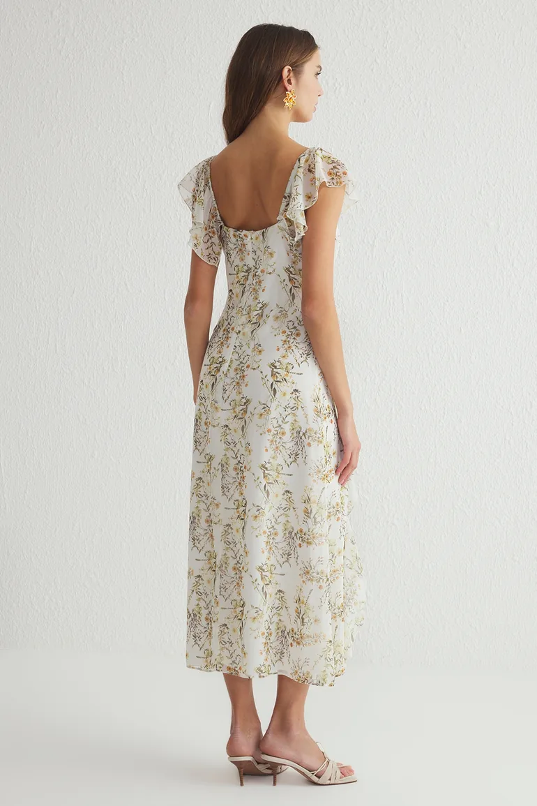 Ecru Floral Ruffle A-Line Maxi Woven Dress - 8