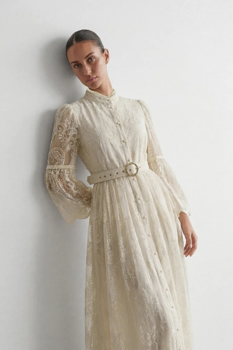 Admirable Elegance Beige Lace Embroidered Sheer Sleeve Maxi Dress - 5