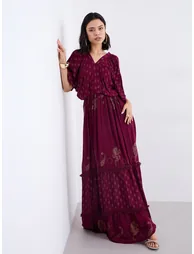 Burgundy Paisley Print Maxi Dress