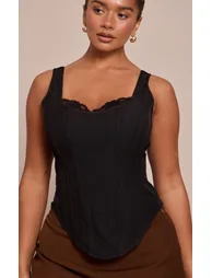 Shape Black Square Neck Lace Trim Longline Corset Top - 5