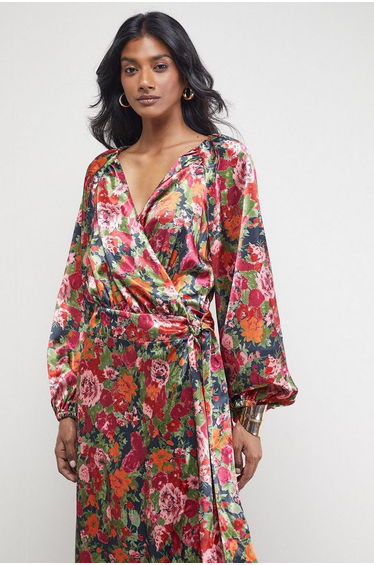 Satin Tie Waist Wrap Ruffle Tier Maxi Dress product thumbnail 2