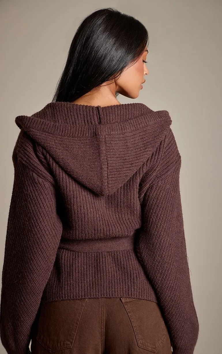 Tall Chocolate Shoulder Padded Button Up Knitted Hoodie - 2