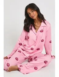 Petite Halloween Pumpkin Print Long Sleeve Shirt & Trousers Pyjama Set - pink - 1