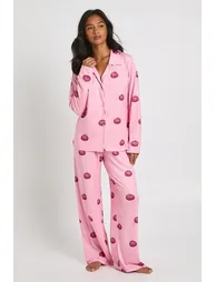 Petite Halloween Pumpkin Print Long Sleeve Shirt & Trousers Pyjama Set - pink