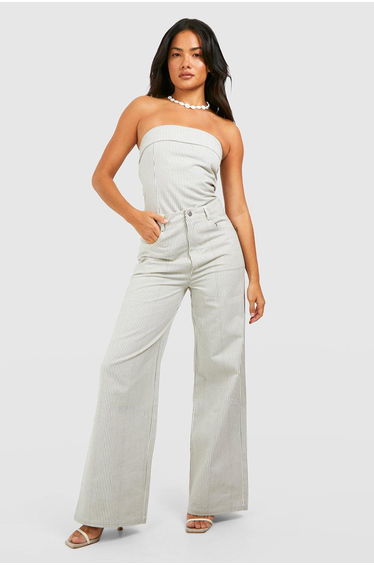 Stripe Chambray Straight Leg Jeans - ecru
