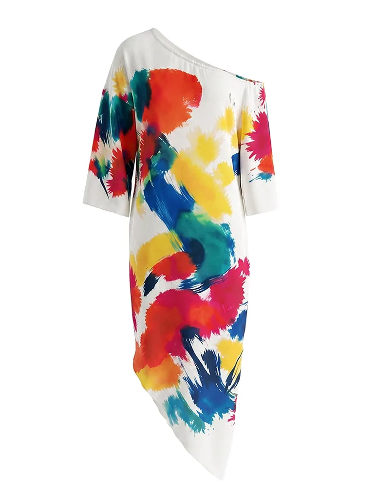 Long Sleeves Loose Asymmetric Contrast Color Pockets Printed One-Shoulder Maxi Dresses - 4