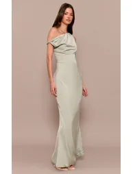 Sage Green Satin Asymmetric Bardot Twist Maxi Dress - 2