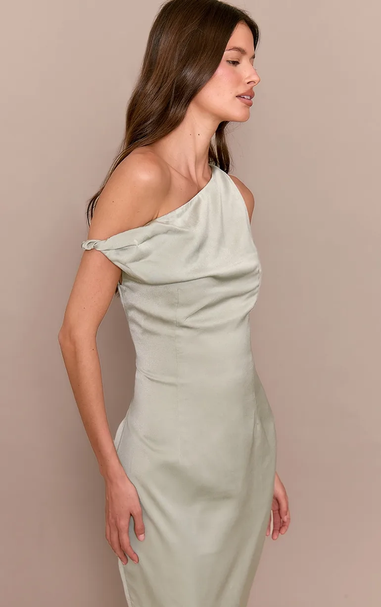 Sage Green Satin Asymmetric Bardot Twist Maxi Dress - 3