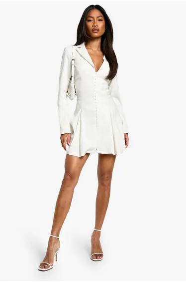 Tailored Hook & Eye Detail Cinched Waist Blazer dress - white