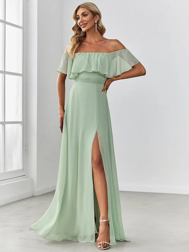 ever ÉMILE|Plus Size Off the Shoulder Formal Bridesmaid Dress with Thigh Split
