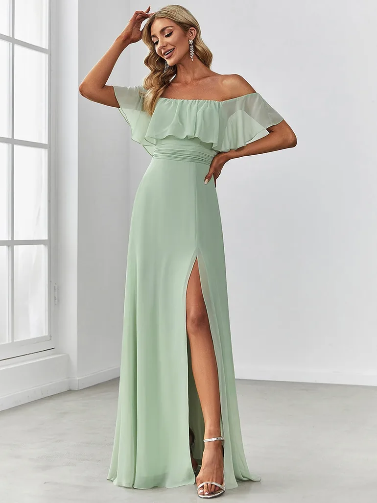 ever ÉMILE|Plus Size Off the Shoulder Formal Bridesmaid Dress with Thigh Split - 3