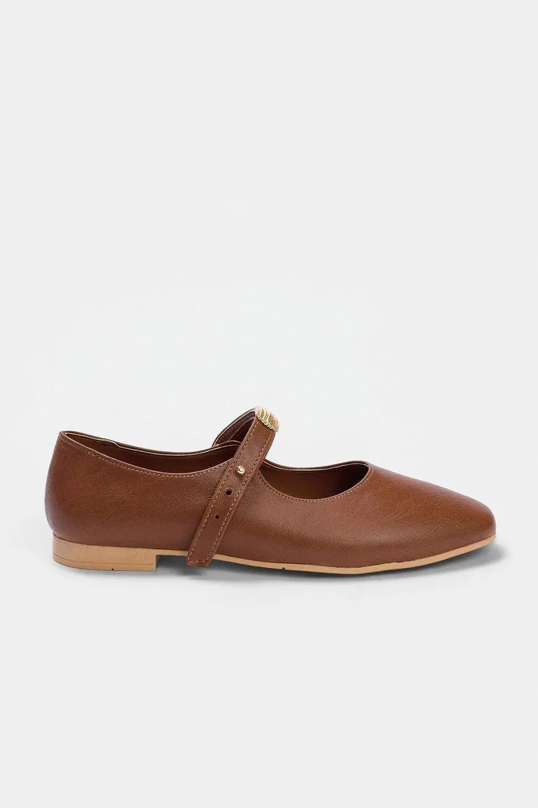 Brown Buckle Detailed Women's Mary Jane Ballerinas - 5