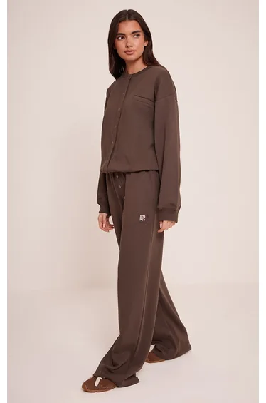 PLT Chocolate Interlock Button Up Wide Leg Joggers