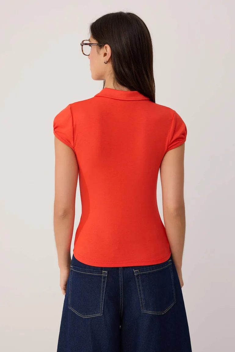 Red Plain Fitted Keyhole Collar Moon Sleeve Short Soft Knitted Blouse - 3