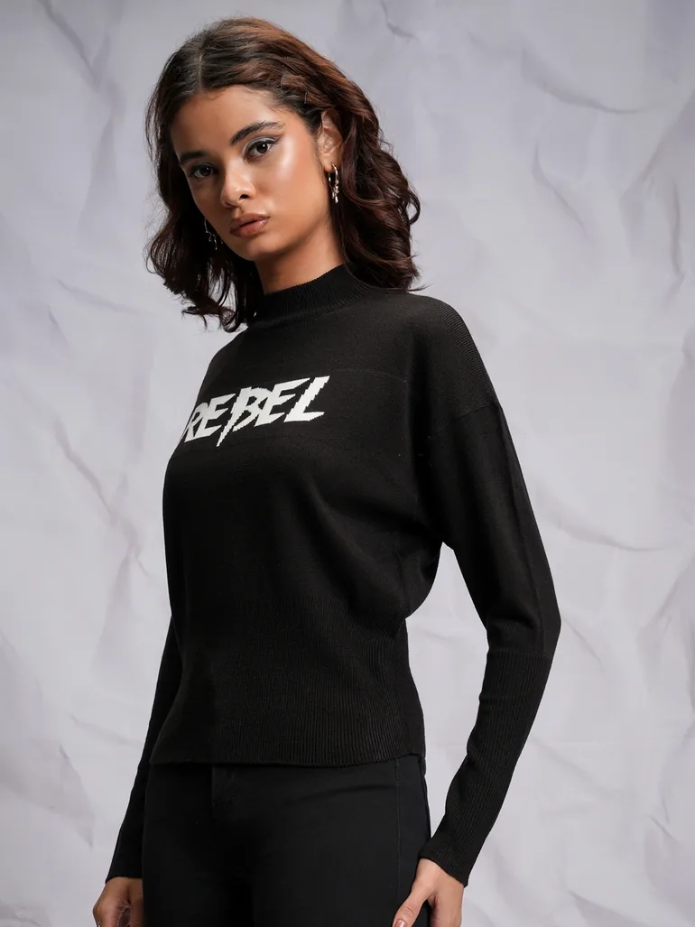 Slogan Print Turtle Neck Sweater - 3