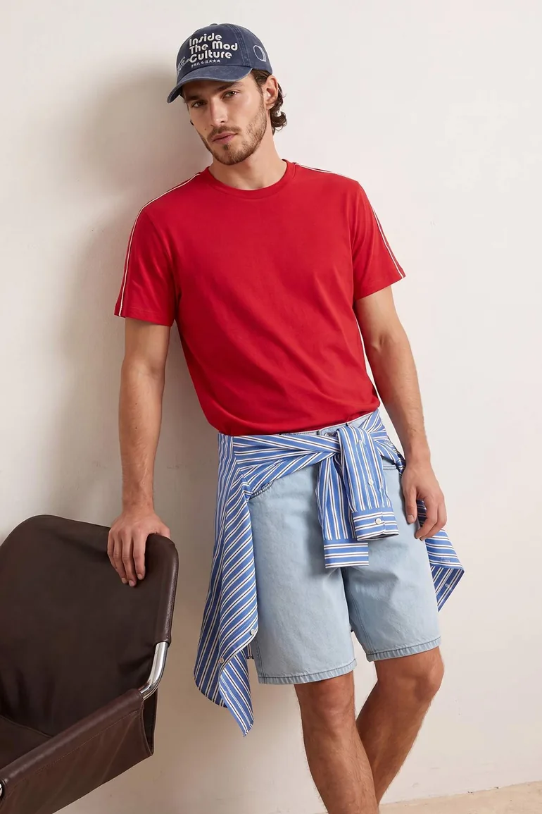 Red Off Shoulder Regular Fit Stripe Detailed 100% Cotton T-Shirt