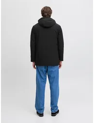 Black Plain Zip-Up Hooded Parka Jacket - 2