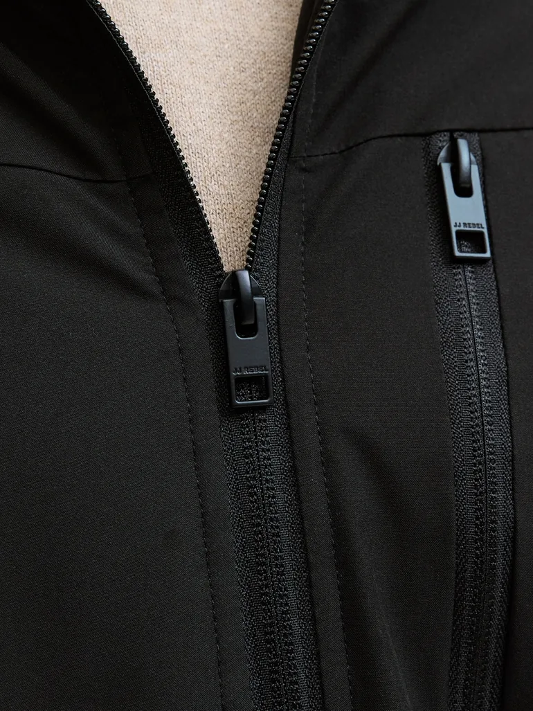 Black Plain Zip-Up Hooded Parka Jacket - 4