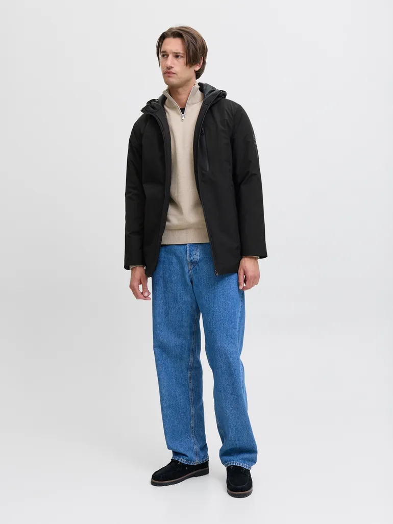 Black Plain Zip-Up Hooded Parka Jacket