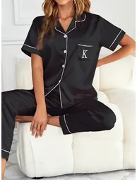 Women Solid Short Sleeve Shirt and Pyjama Set - 3