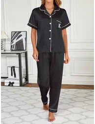 Women Solid Short Sleeve Shirt and Pyjama Set