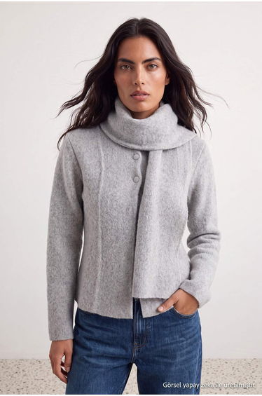 Light Gray Thick Soft Textured Shawl Knitwear Cardigan product thumbnail 4