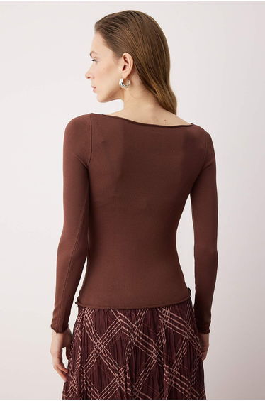 Brown Inner See-Through/Transparent Boat Neck Knitwear Sweater product thumbnail 2