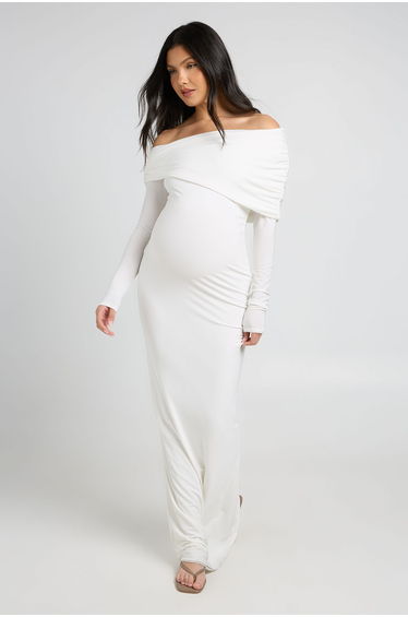 Maternity Double Slinky Bardot Long Sleeve Maxi Dress - cream product thumbnail 3