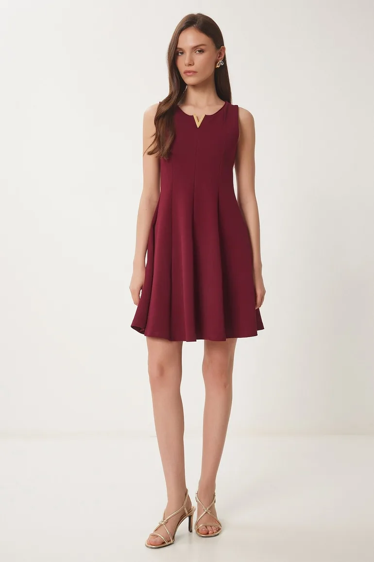 Women's Burgundy Flounce Mini Knitted Dress Happiness Stanbul : Holiday  Dresses : VogaCloset Oman