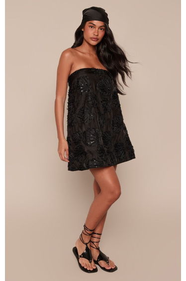 Black Shell Texture Bandeau Mini Shift Dress