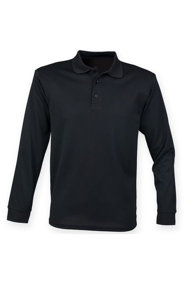 Henbury Mens Coolplus Moisture Wicking Long Sleeve Polo Shirt - Black
