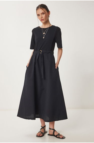 Women's Black Stretchy Knitted Top Poplin Skirt Dress