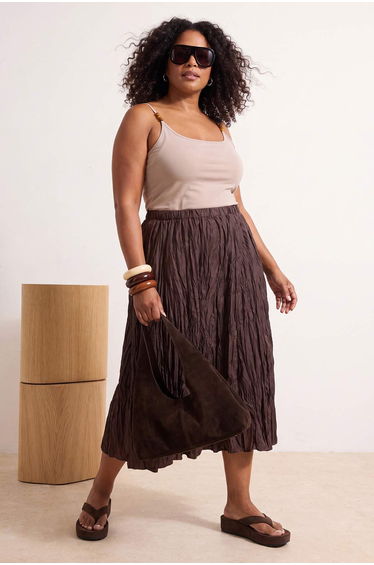 Brown Satin Woven Plus Size Skirt