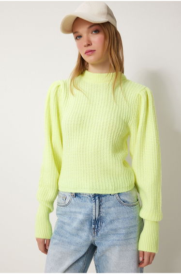 Women's Neon Yellow Crew Neck Balloon Sleeve Knitwear Sweater