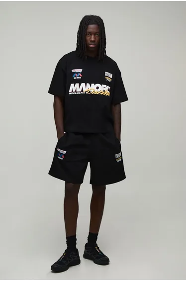 Oversized Boxy Man Moto Printed T-Shirt & Baggy Short Set - black