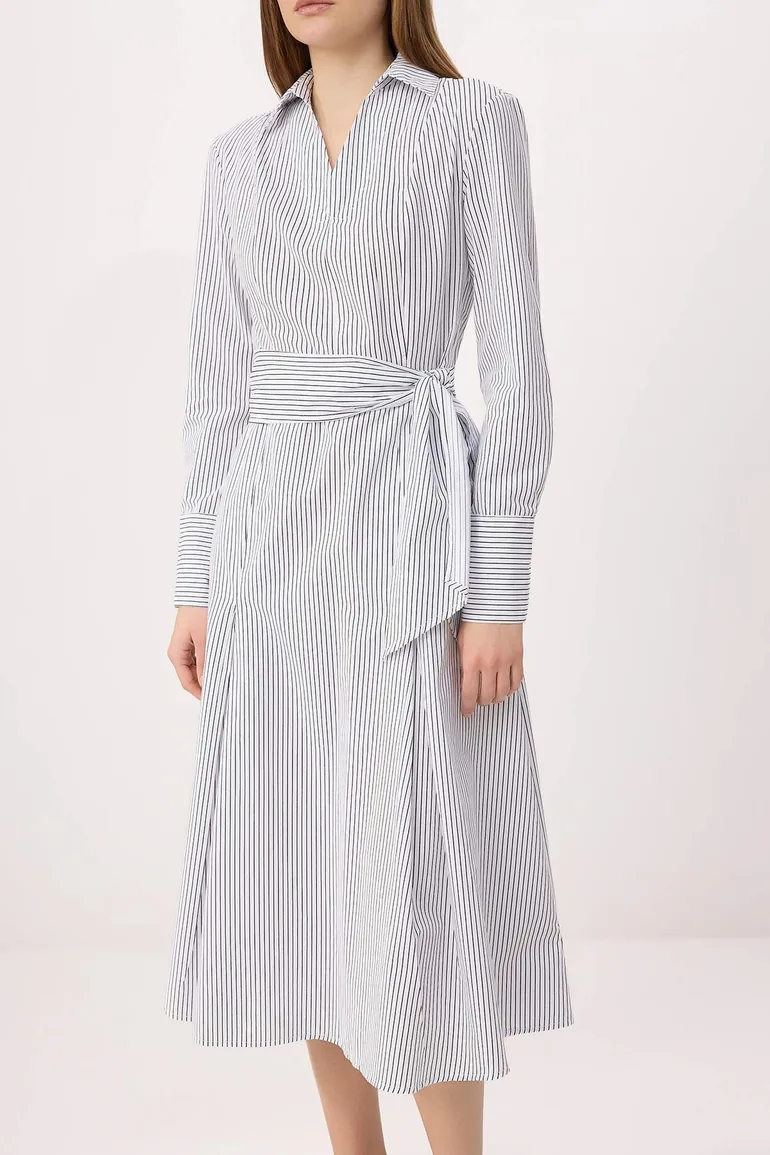 Multi Color Striped Midi Woven Shirt Collar Dress - 2