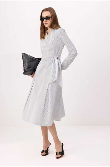 Multi Color Striped Midi Woven Shirt Collar Dress